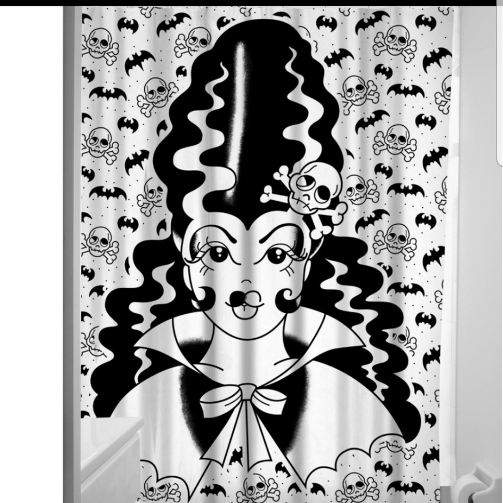 Sourpuss Bride of Frankenstein Halloween Shower Curtain Bats Skull & Crossbones
